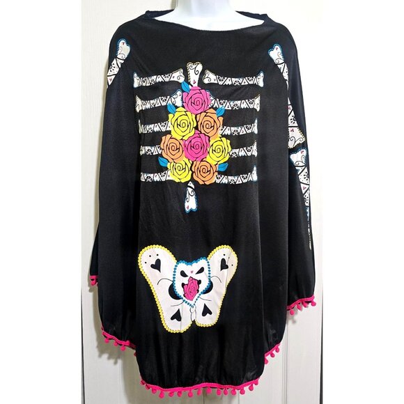 Day of the Dead Skeleton Poncho Costume Adult Womens Halloween Black Pink EUC - Picture 1 of 7